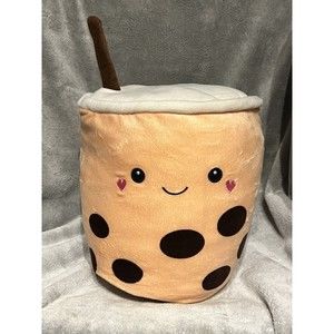 BOBA Bubble Tea HugMe 12” Stuffed Plush Tan Pillow Hearts Valentine Love Squish